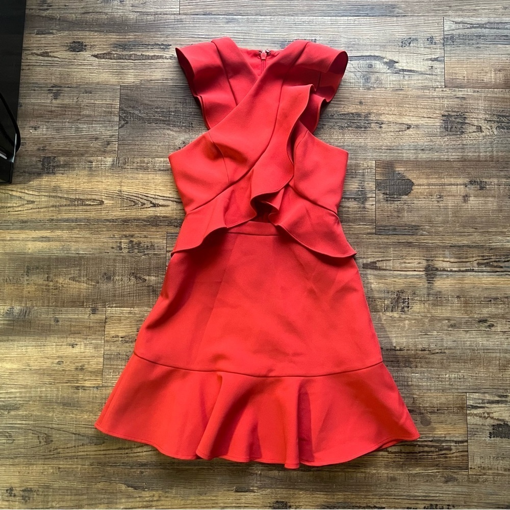 BCBGMAXAZRIA Careen Dress Ruffle Mini in Bright Poppy, Size O